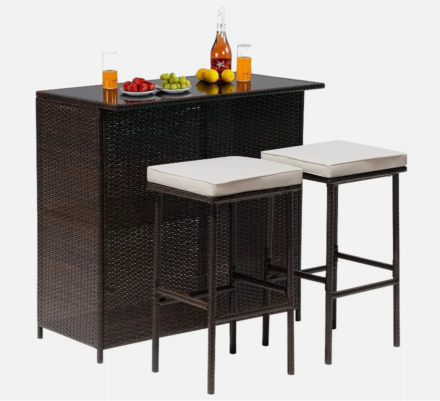 Three Piece Outdoor Bar Set Terrace Wicker Counter High Table with Solid Frame